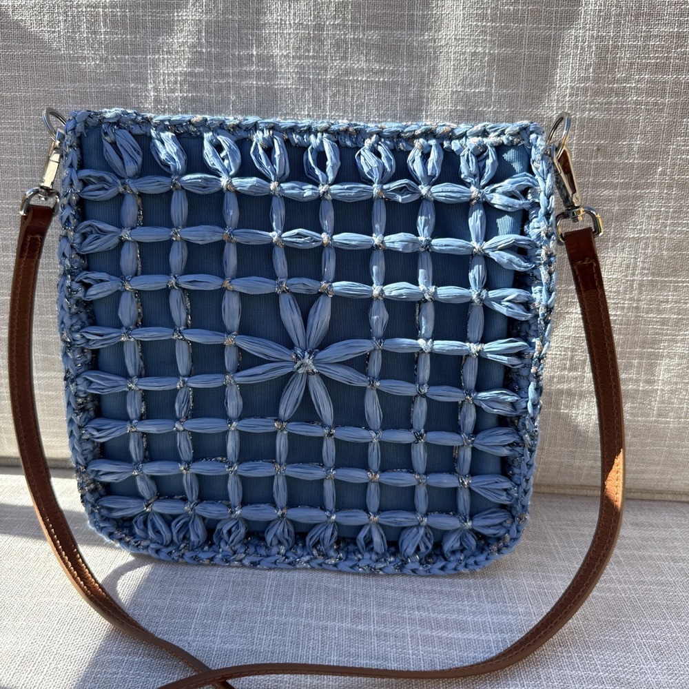 KATHERINE TESS BEACH BLUE SILVER STRAW RAFFIA HANDWOVEN BAG WITH LEATHER STRAP
